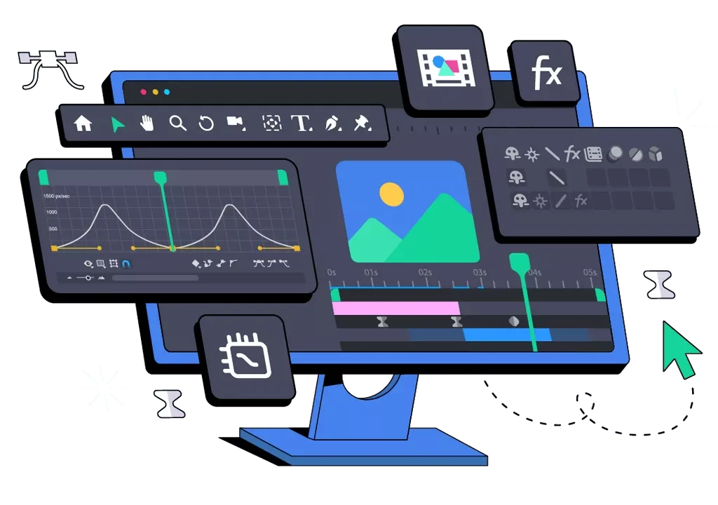 Monitor com vários elementos de um software de animação e edição de vídeo