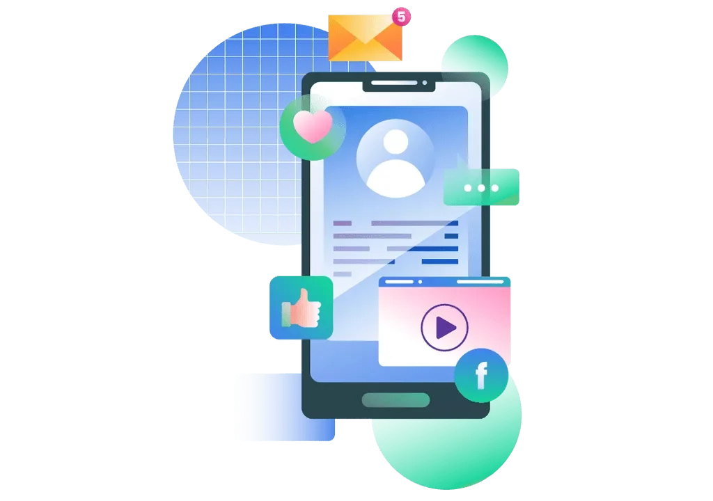 Celular com varios ícones saindo da tela como e-mail, like, favorito, vídeo entre outros