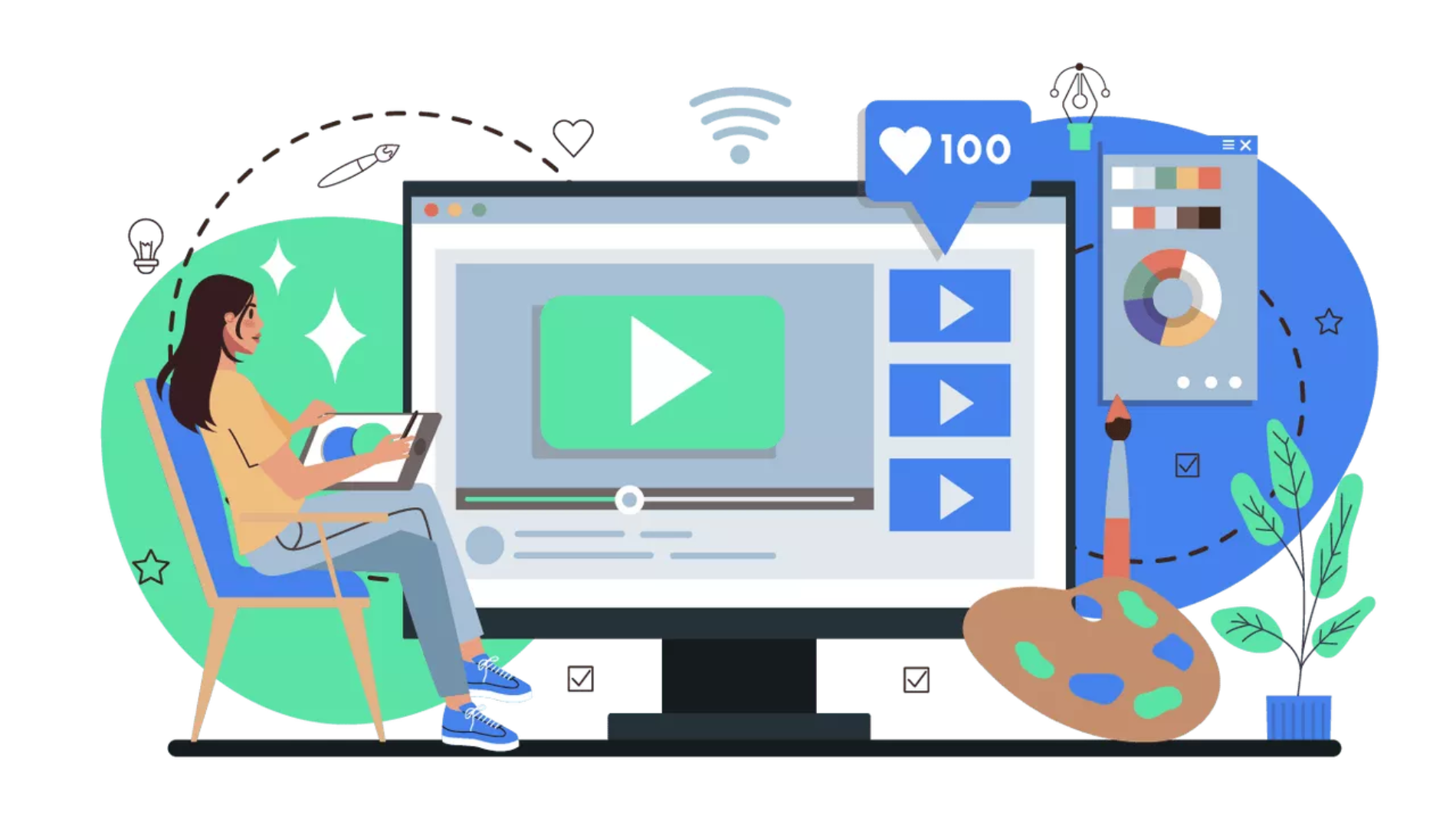 Monitor com pessoas em volta mostrando ícones de vídeo