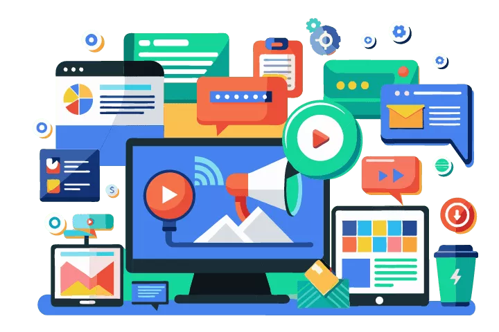 Tela de computador com megafone e muitos ícones envolvendo video marketing em volta