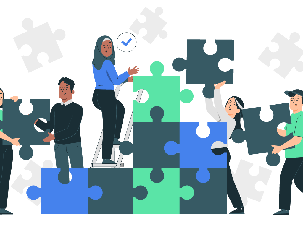 Pessoas colaborando para construir um grande quebra-cabeça