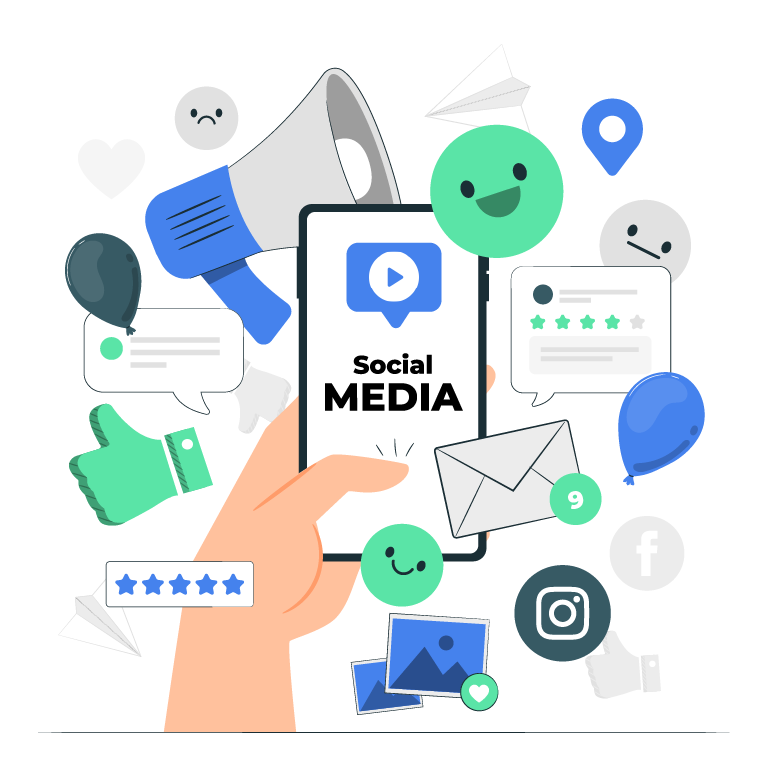 uma mão segurando um celular com multiplos ícones de redes sociais em volta